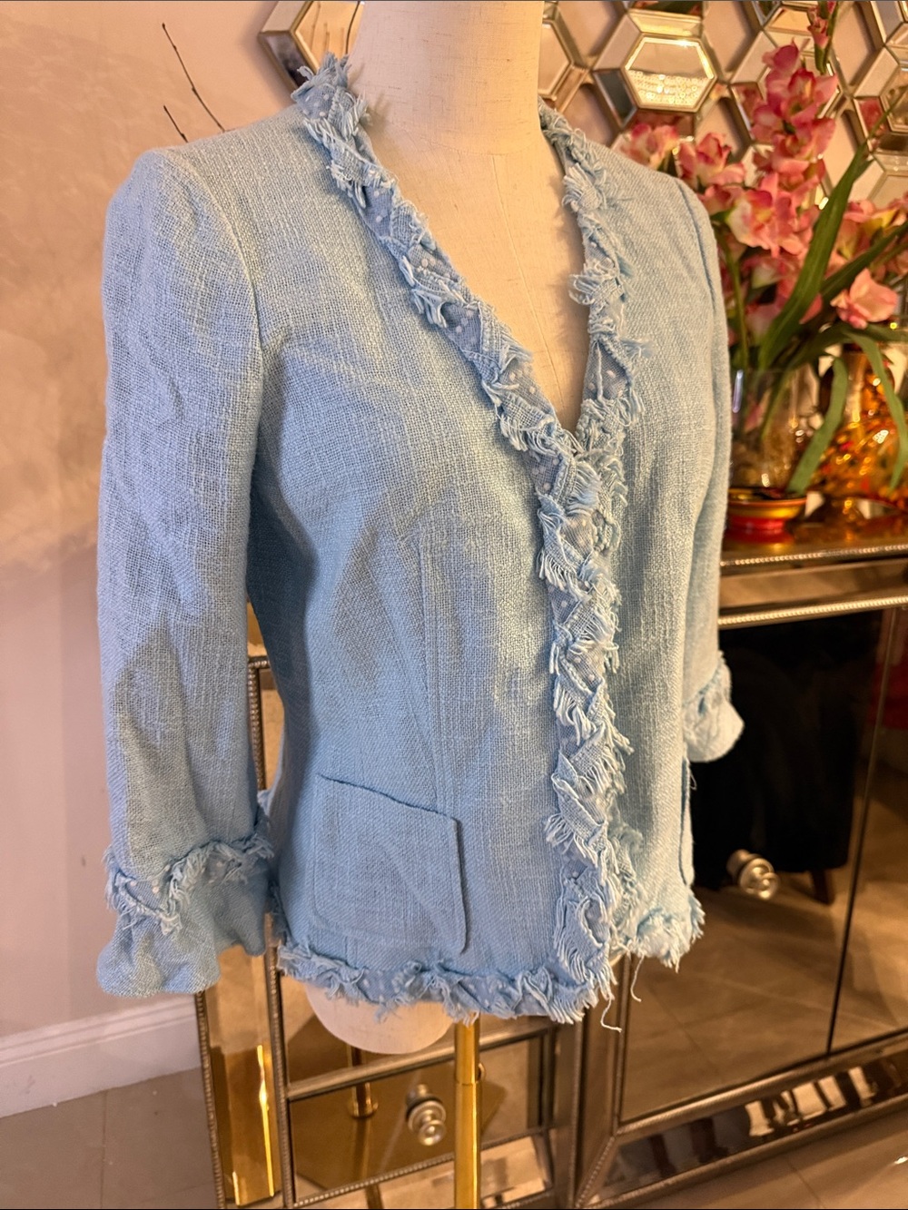 Teri Jon Light Blue Tweed Jacket with Satin Lining size 6 - Picture 4 of 7